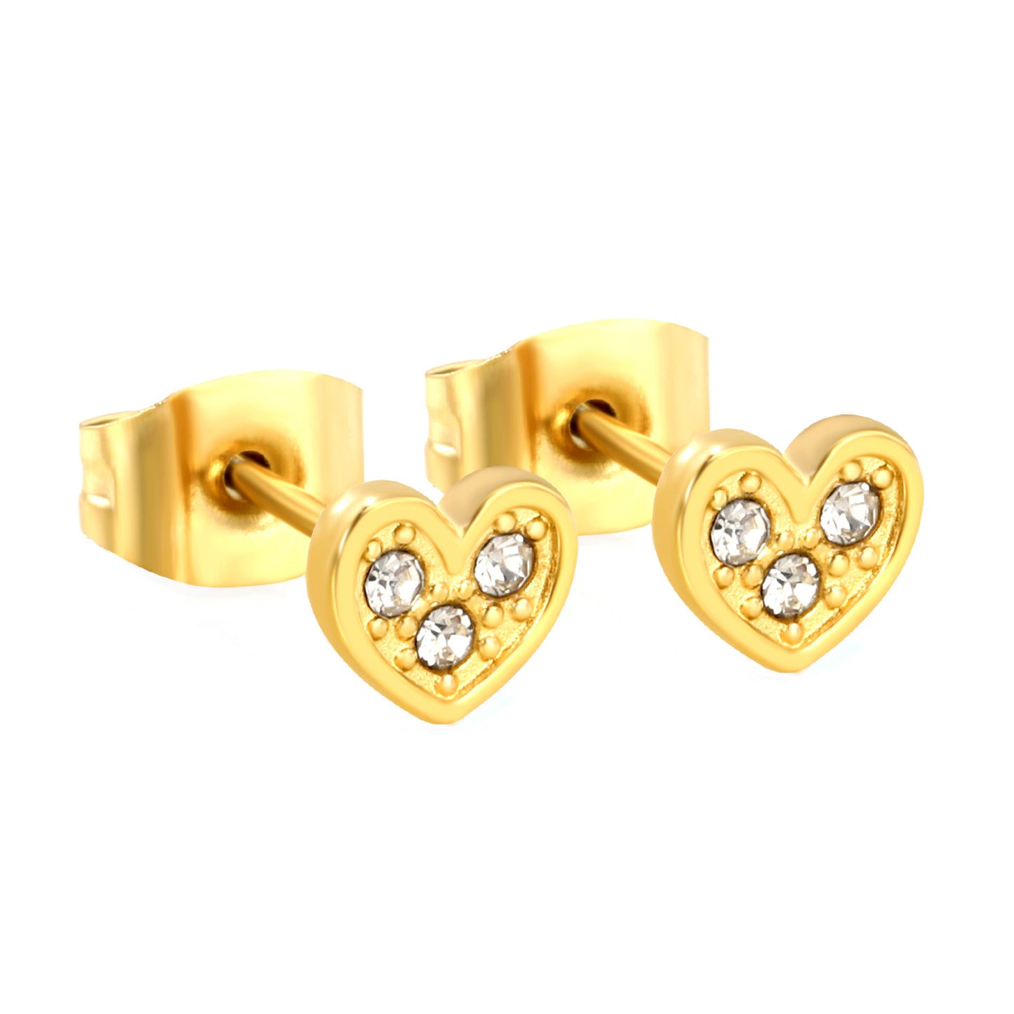Wholesale stainless steel 18K gold plated heart-shaped white diamonds stick ordinary pin earringsHigh-resolution on white background