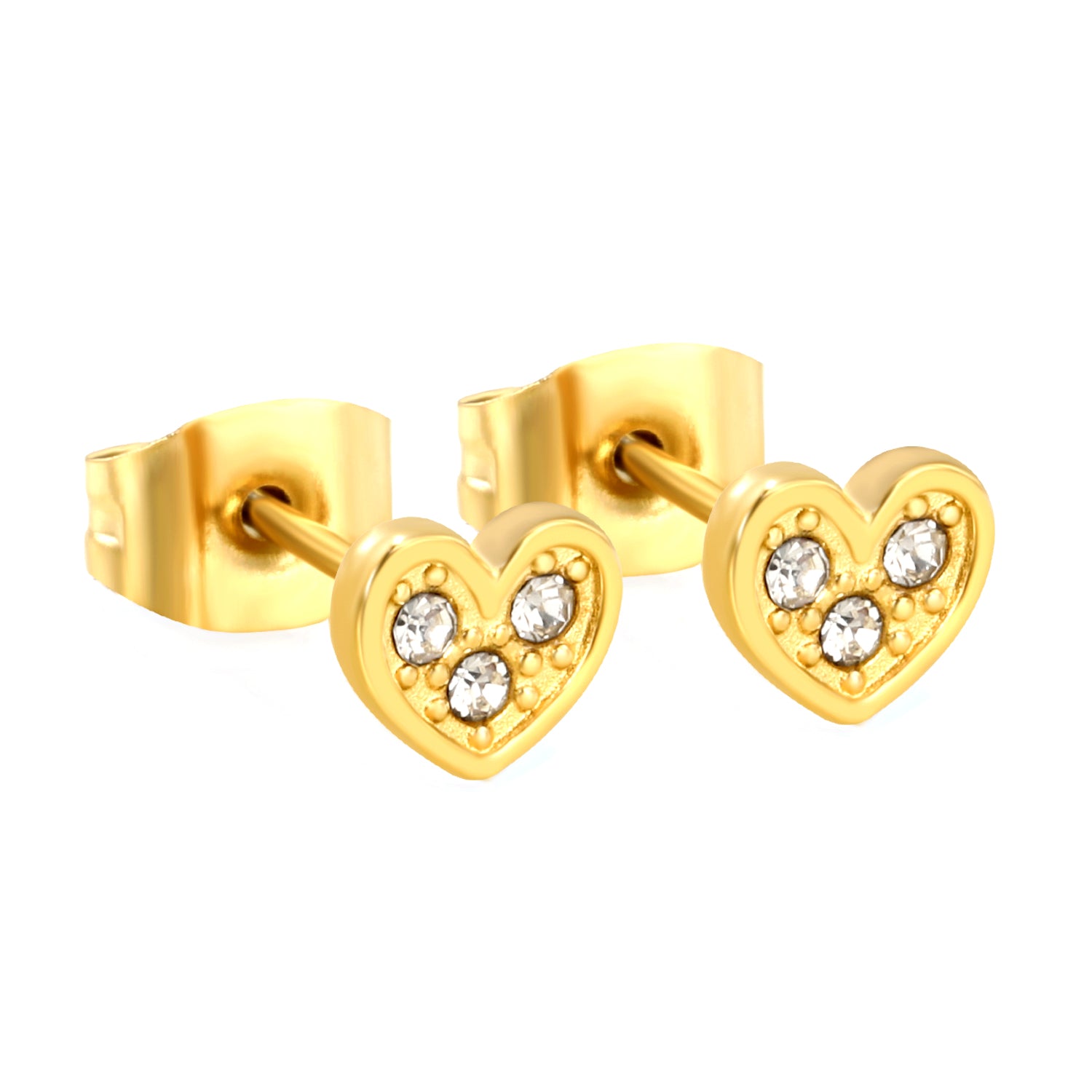 Wholesale stainless steel 18K gold plated heart-shaped white diamonds stick ordinary pin earringsHigh-resolution on white background