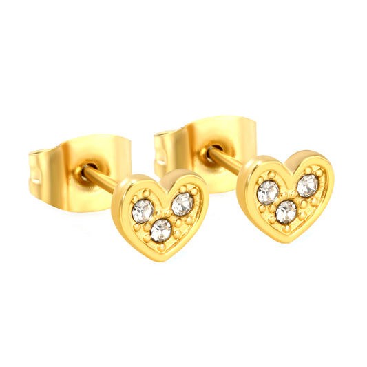 Wholesale stainless steel 18K gold plated heart-shaped white diamonds stick ordinary pin earringsHigh-resolution on white background