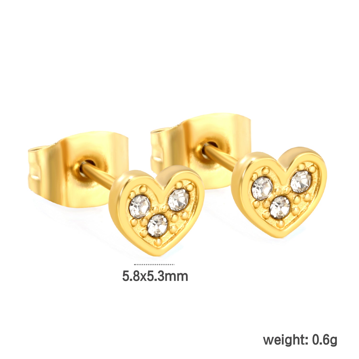 Wholesale stainless steel 18K gold plated heart-shaped white diamonds stick ordinary pin earringsdimension diagram with measurements