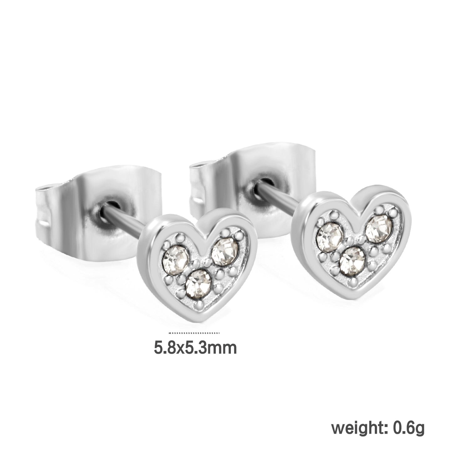 Wholesale stainless steel 18K gold plated heart-shaped white diamonds stick ordinary pin earringsdimension diagram with measurements_silver