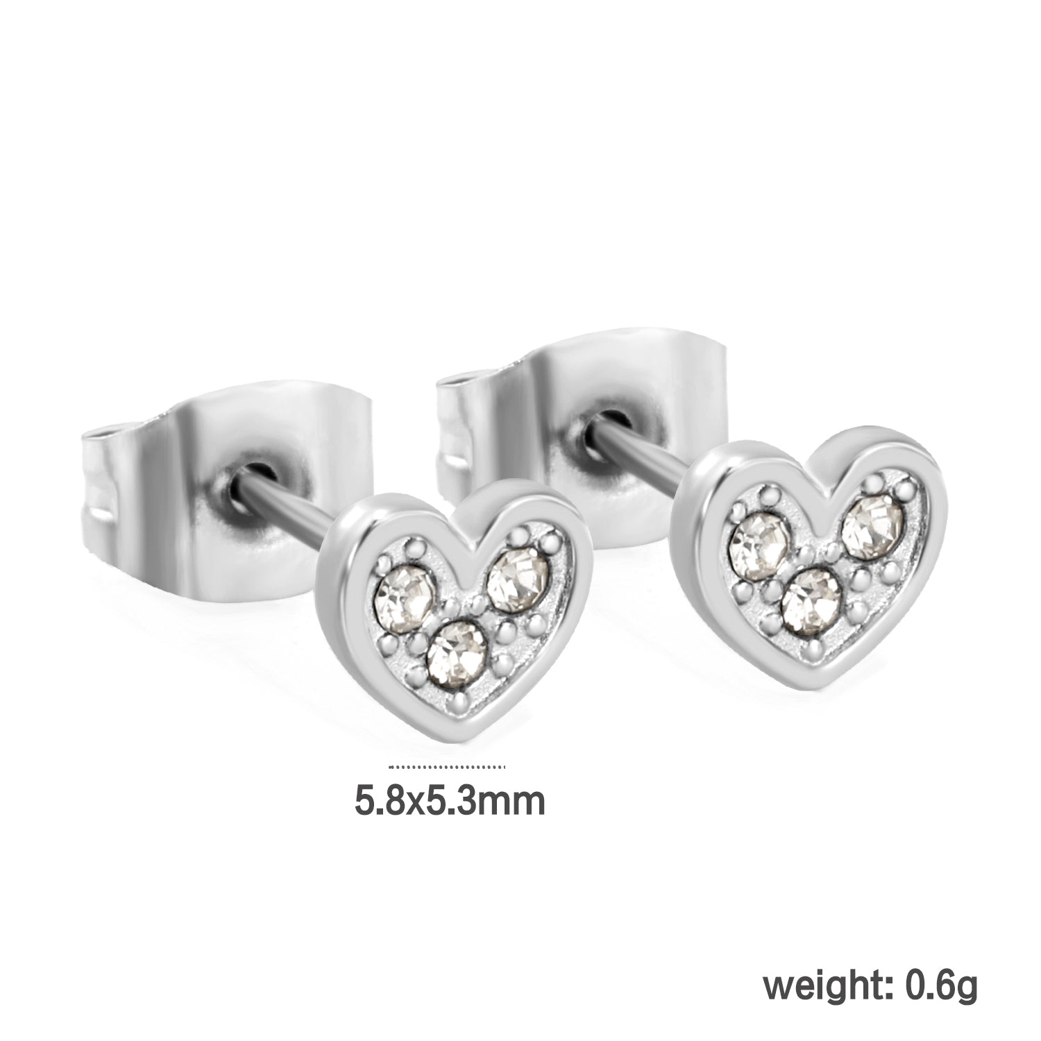 Wholesale stainless steel 18K gold plated heart-shaped white diamonds stick ordinary pin earringsdimension diagram with measurements_silver