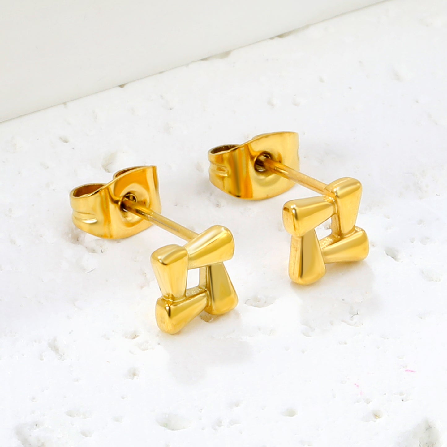 Wholesale stainless steel 18K gold plated openwork quadrilateral plain pin earringsHigh-resolution Lifestyle Photos