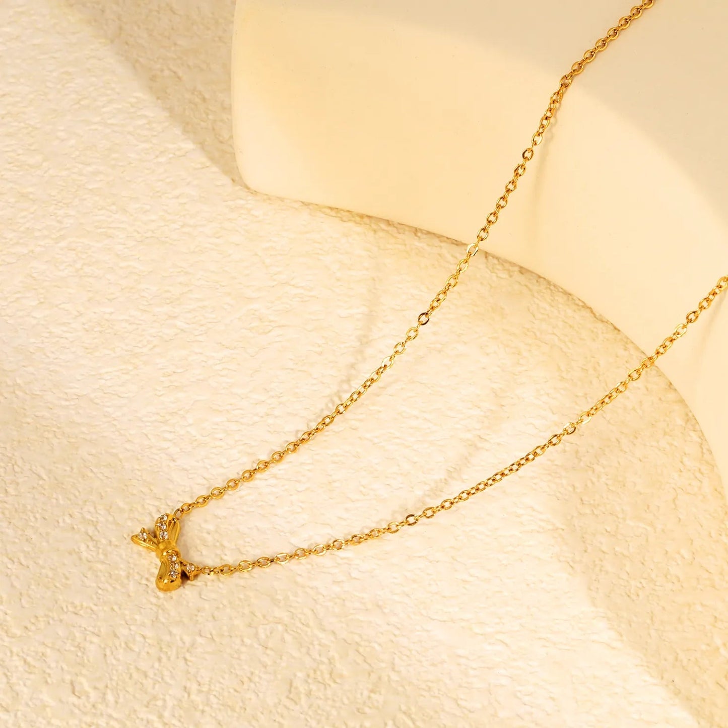 Tiny Bow CZ Necklace | 304L Steel Gold Plated Daily Wear 40cm