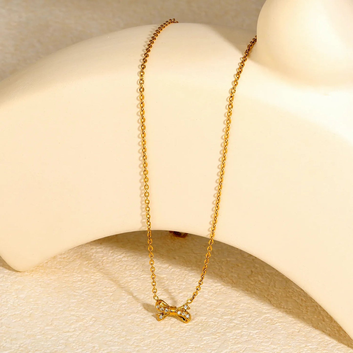 Tiny Bow CZ Necklace | 304L Steel Gold Plated Daily Wear 40cm