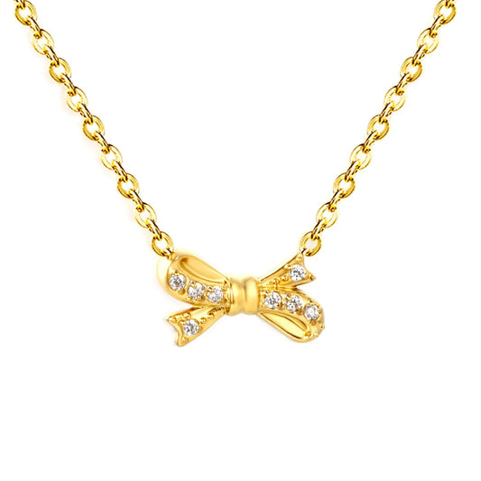 Tiny Bow CZ Necklace | 304L Steel Gold Plated Daily Wear 40cm