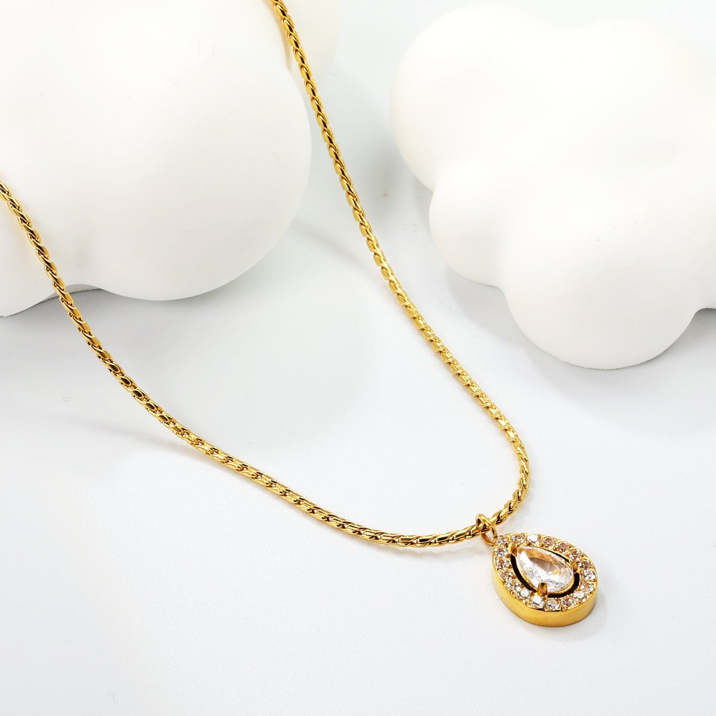 Zircon Teardrop Pendant Stainless Steel Twist Necklace
