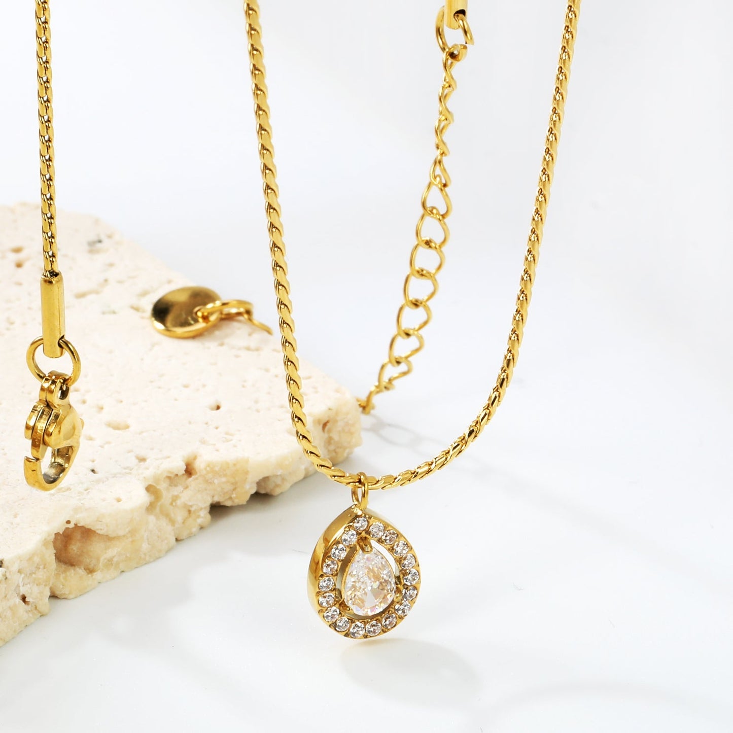 Zircon Teardrop Pendant Stainless Steel Twist Necklace