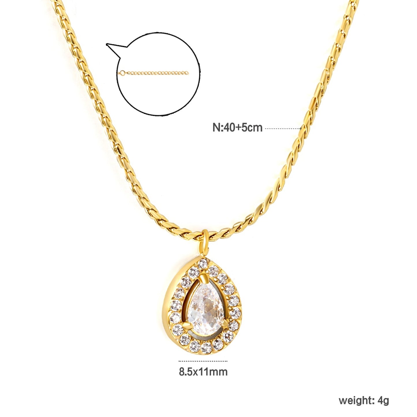 Zircon Teardrop Pendant Stainless Steel Twist Necklace