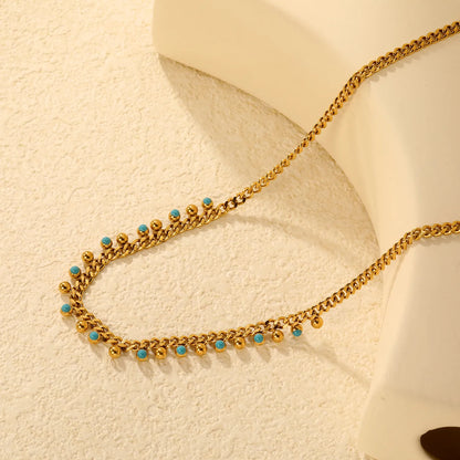 Wholesale Waterproof PVD Gold Sculpted Blue Bead Cuban Link Necklace