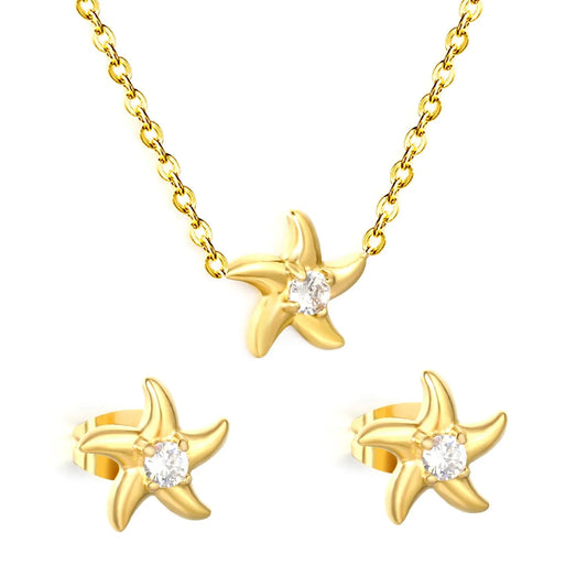 Beach Jewelry Set for Women Gold Plated 304L Steel Starfish Pendant & Earrings