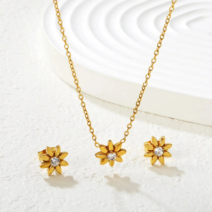 Everyday Gold Flower Jewelry Set 304L Steel CZ Pendant Necklace & Earrings