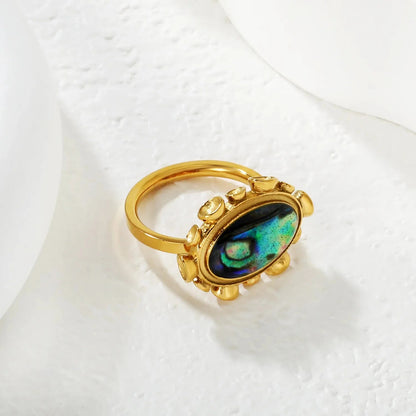 Wholesale Waterproof PVD Gold Sculpted Beaded Abalone Shell Oval Ring
