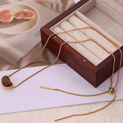 Wholesale Waterproof PVD Gold Tiger Eye Bean Long Necklace