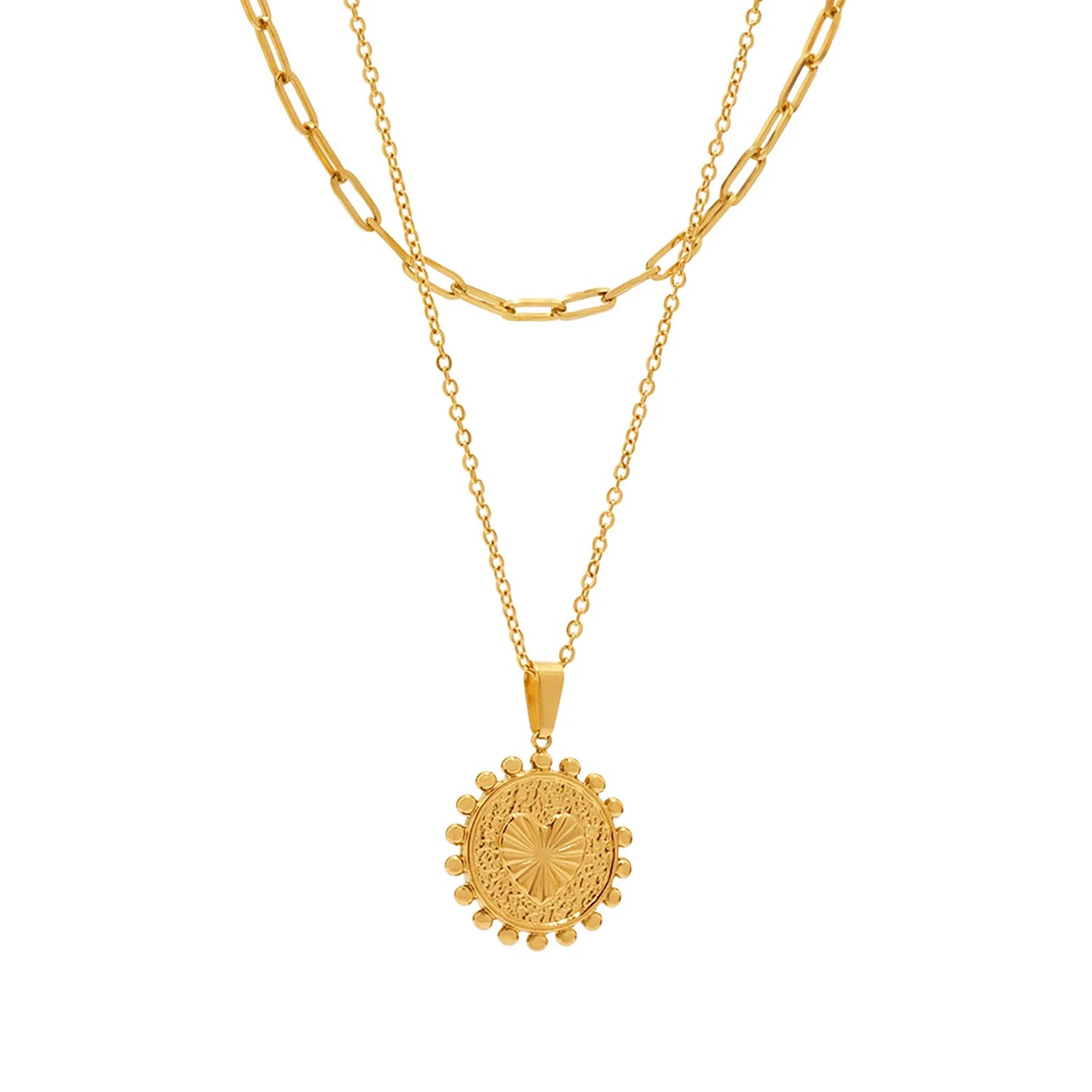 Bulk PVD Gold Relief-Textured Sun Medallion Layered Necklace