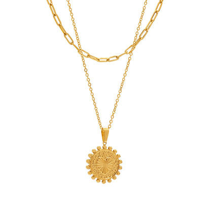 Bulk PVD Gold Relief-Textured Sun Medallion Layered Necklace