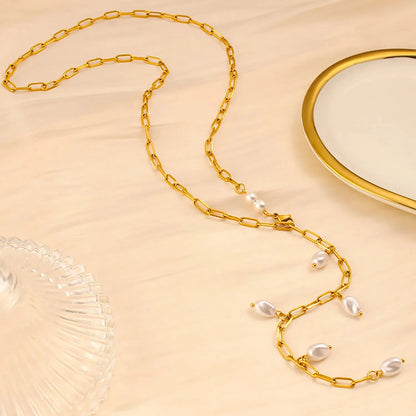 French Style Pearl Fringe Drop Necklace Stainless Steel Tarnish-Free