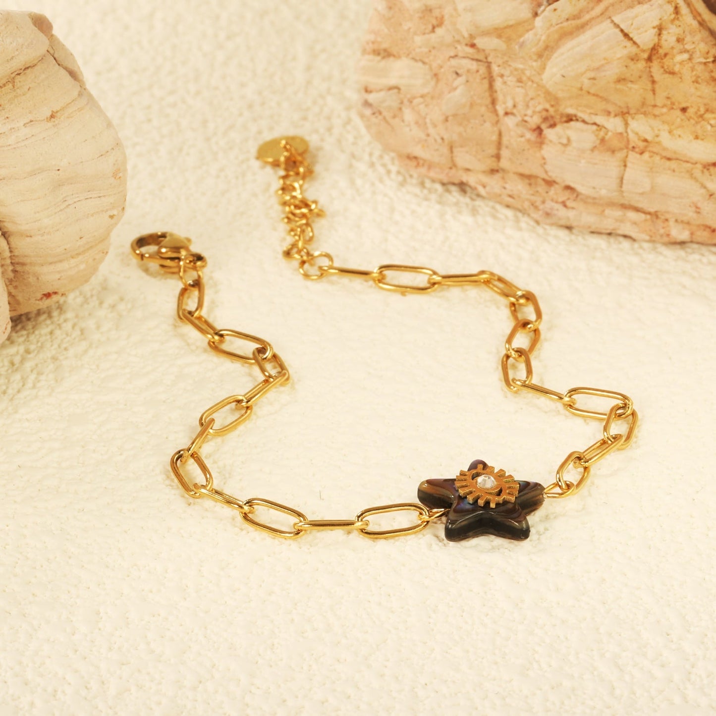 18K PVD Gold Plated Natural Abalone Star & CZ Bracelet Tarnish-Free