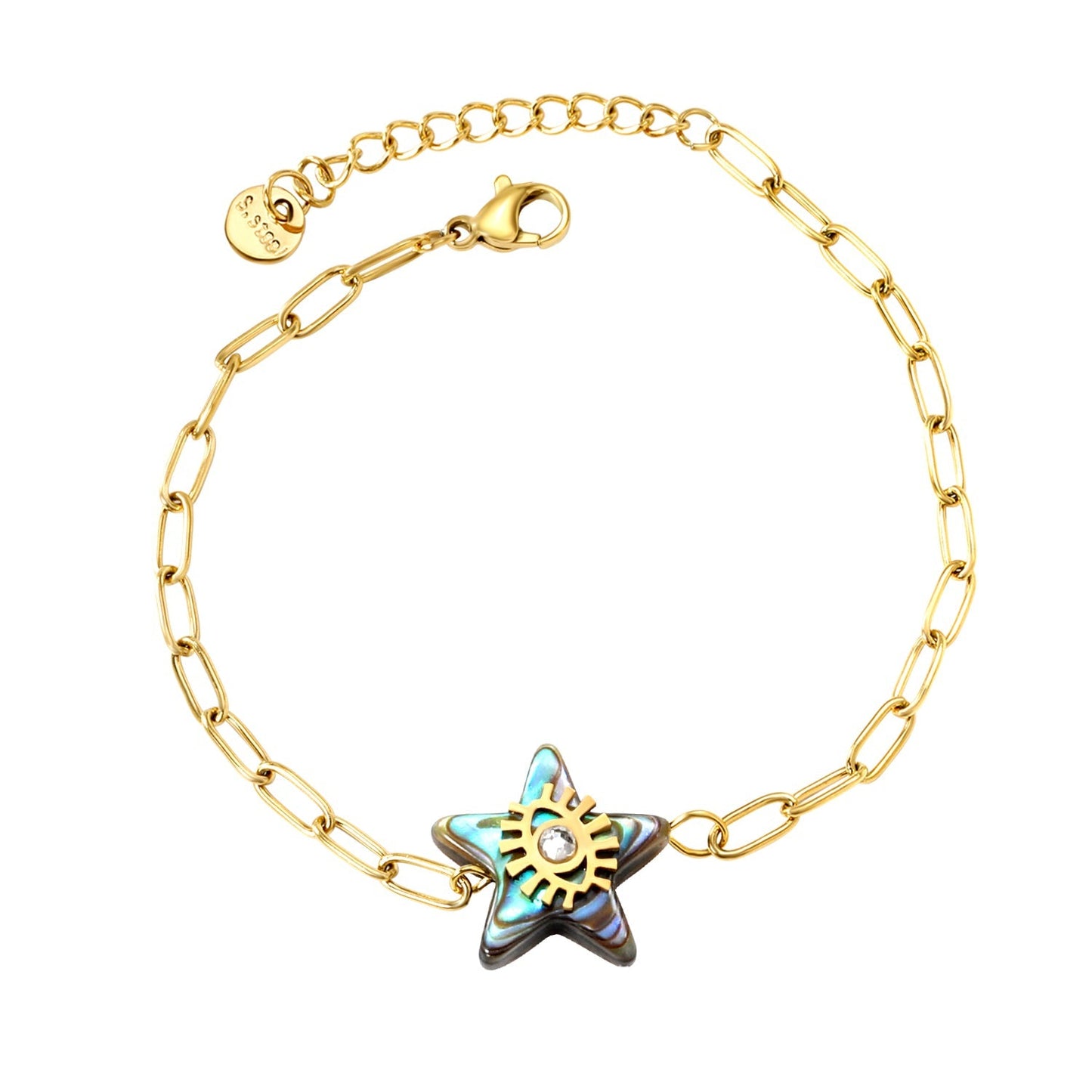 18K PVD Gold Plated Natural Abalone Star & CZ Bracelet Tarnish-Free