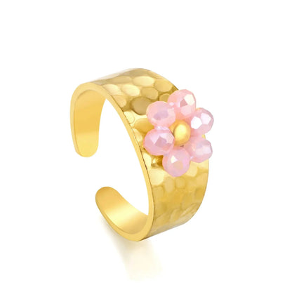Pearl Crystal Flower Ring Set 304L Stainless Steel Gold Adjustable