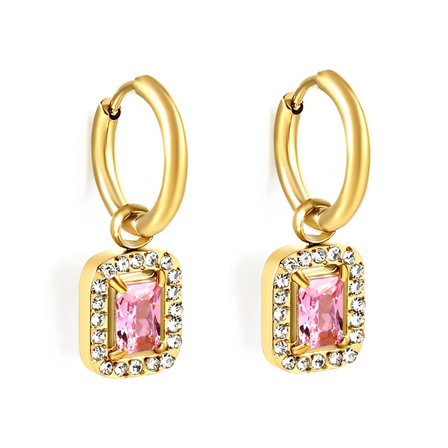 Tarnish-Free 304L Stainless Steel Earrings | Pink Square Halo Hoops