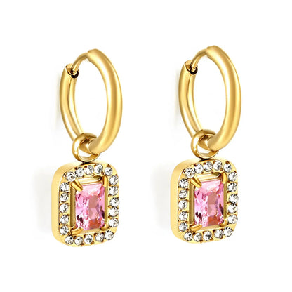 Tarnish-Free 304L Stainless Steel Earrings | Pink Square Halo Hoops