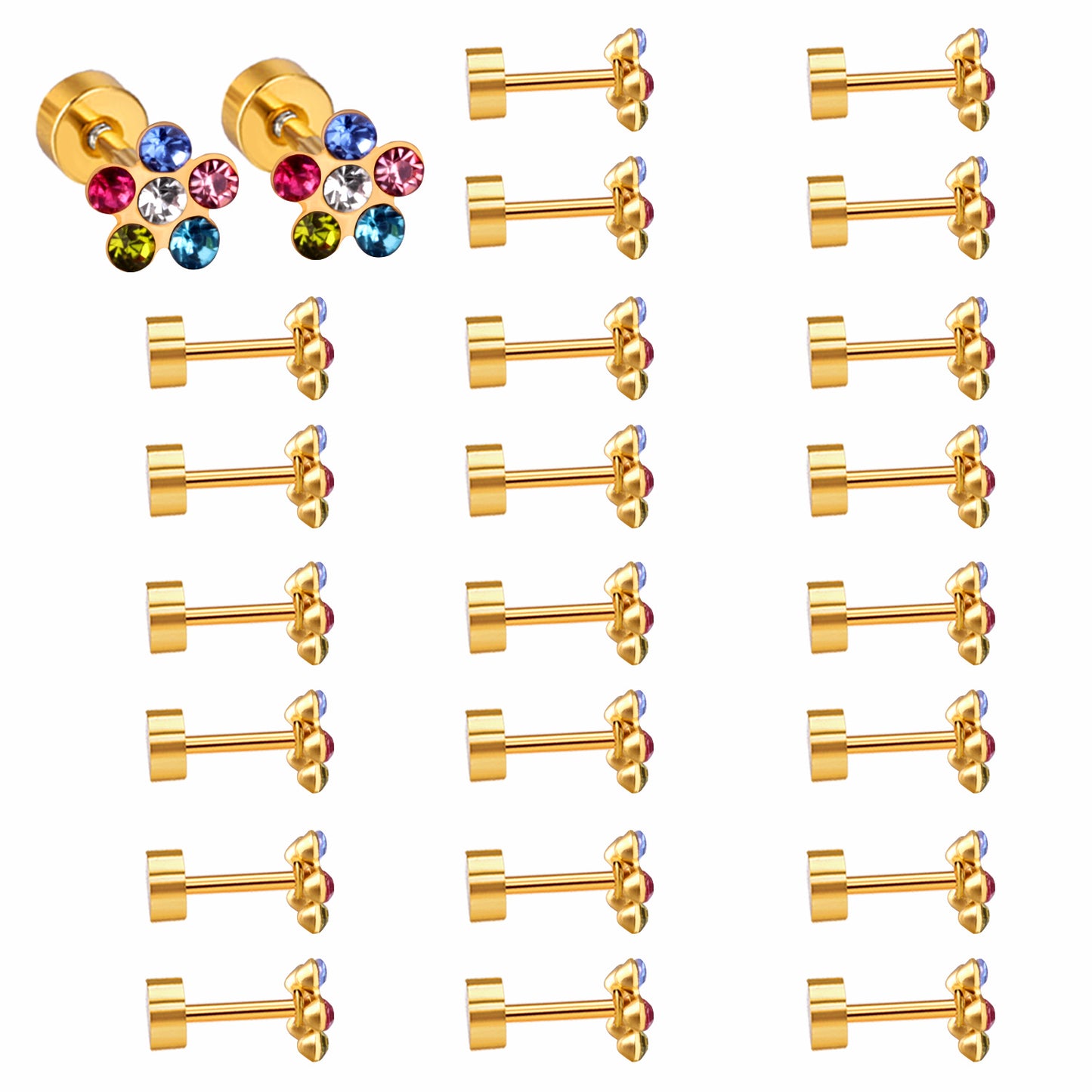 Wholesale Multicolored Gem Adorned Golden Flower Stud Earrings