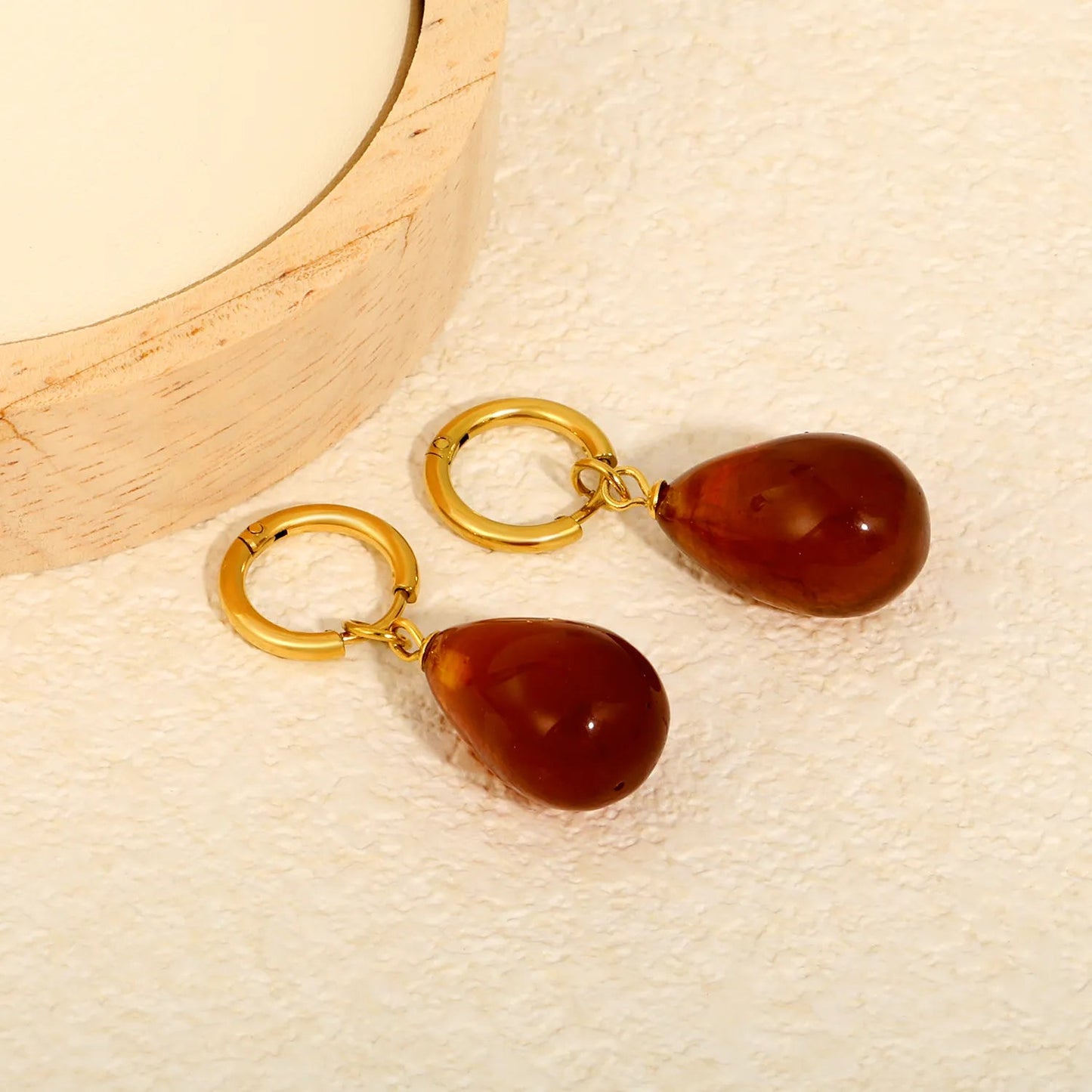 Bulk amber swirl texture teardrop resin drop hoop earrings 304L