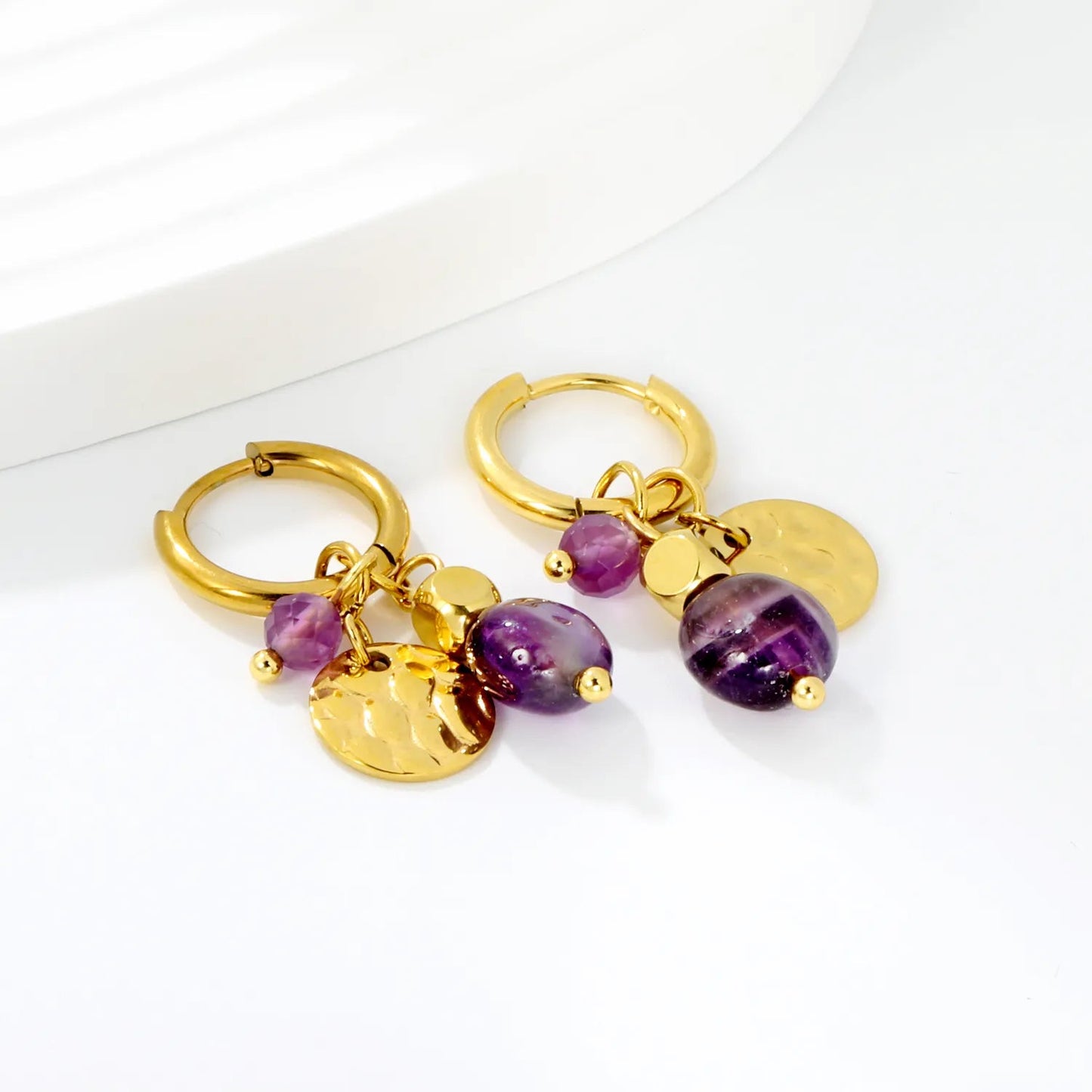 Wholesale Bohemian Natural Amethyst Multi-Charm Hoop Earrings Bulk