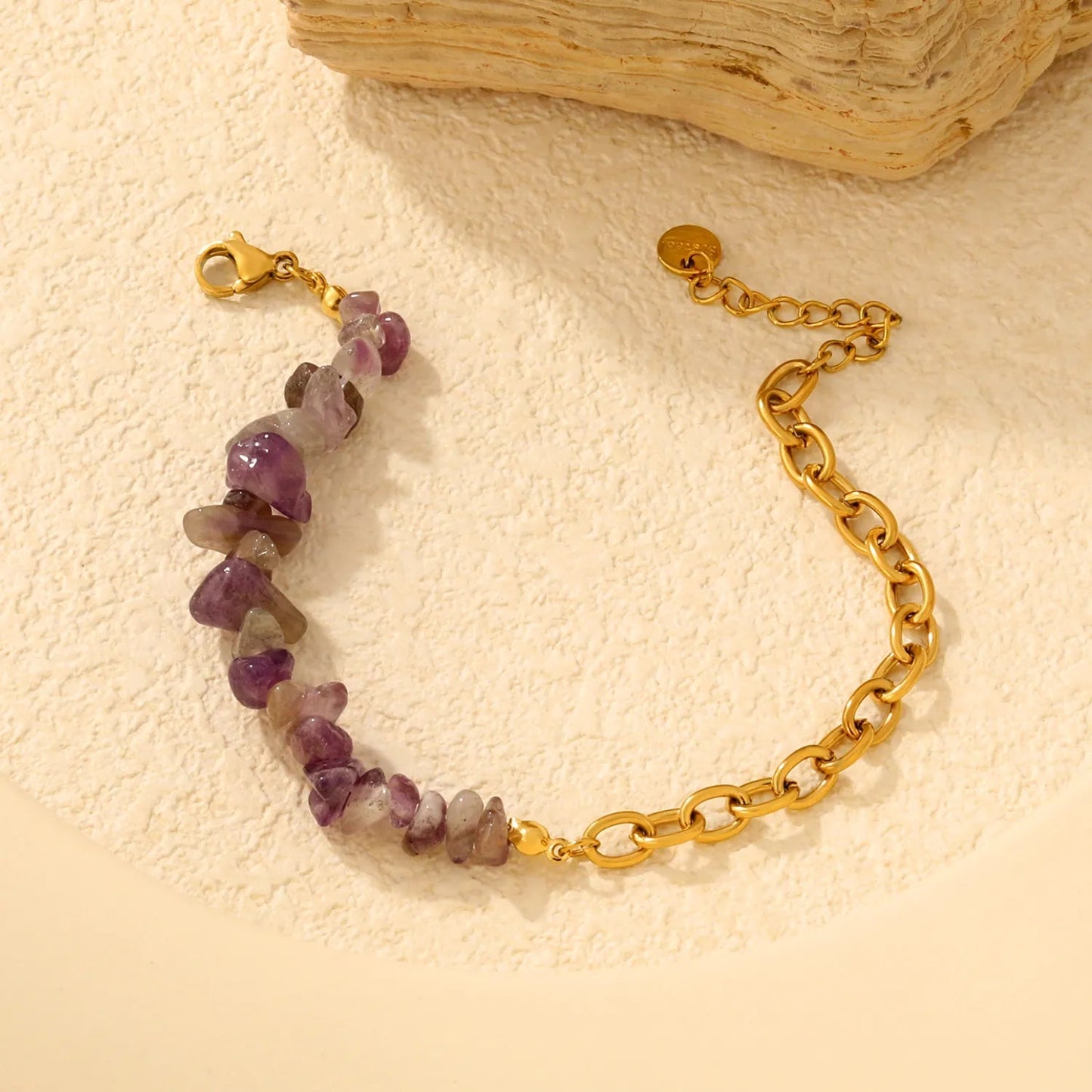18K PVD Gold Plated Amethyst Chip Paperclip Chain Bracelet Non-Tarnish