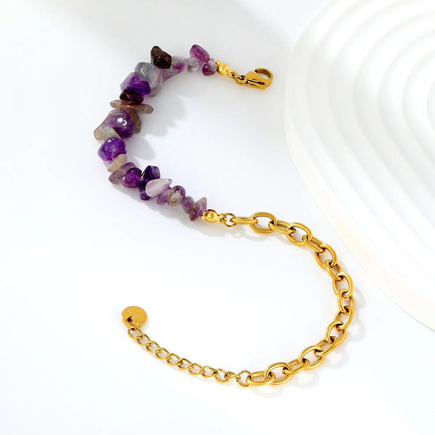 18K PVD Gold Plated Amethyst Chip Paperclip Chain Bracelet Non-Tarnish