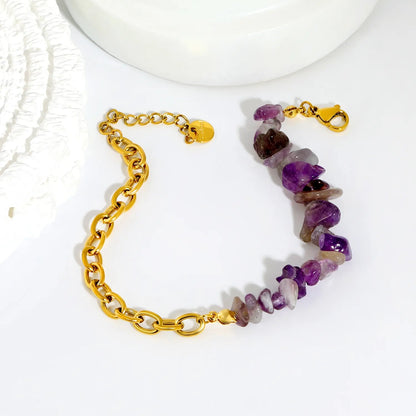 18K PVD Gold Plated Amethyst Chip Paperclip Chain Bracelet Non-Tarnish