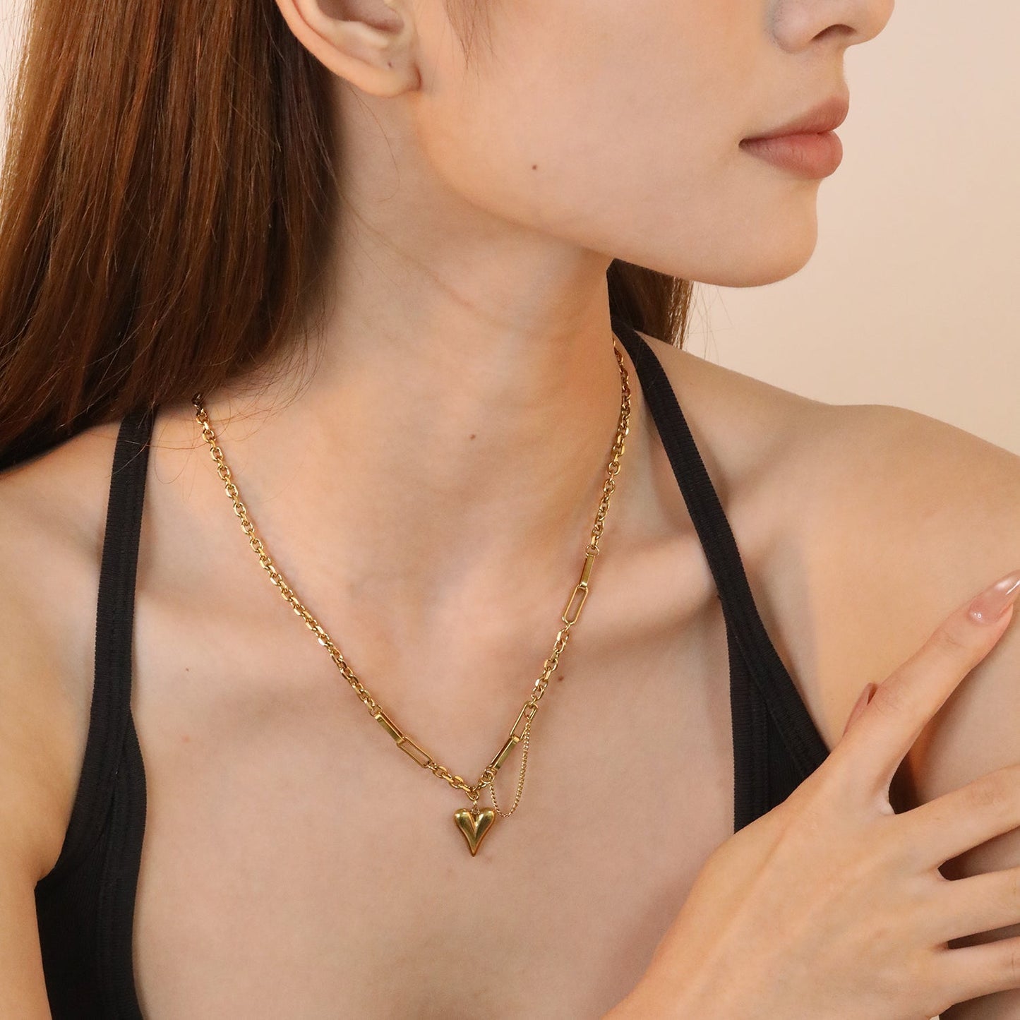 Non-Tarnish 304L Stainless Steel 3D Heart Pendant Cable Chain Jewelry