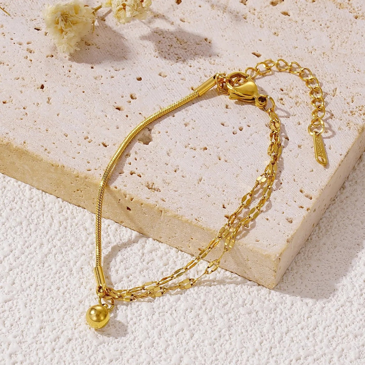 Asymmetrical Snake Chain Lip Chain Solid Gold Ball Charm Bracelet 304L
