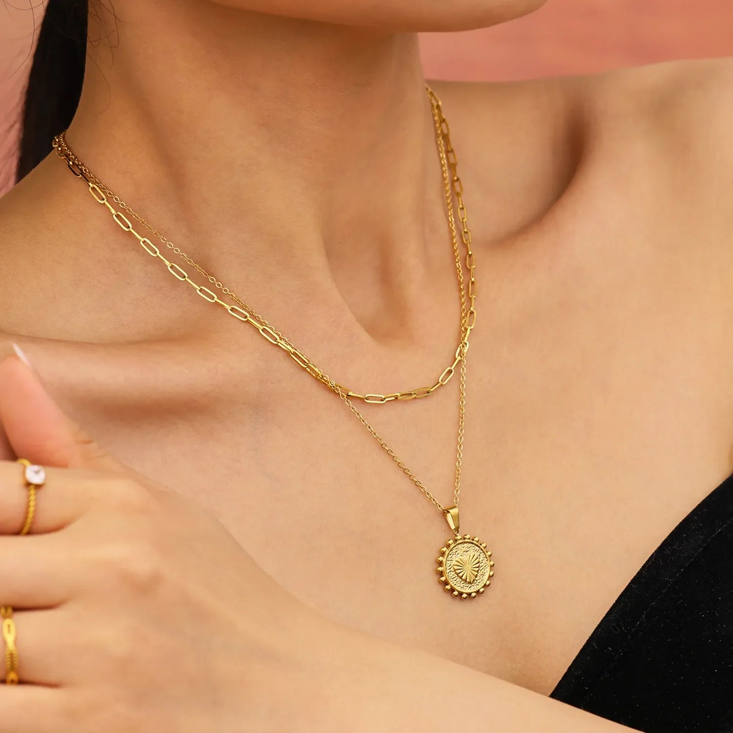Bulk PVD Gold Relief-Textured Sun Medallion Layered Necklace