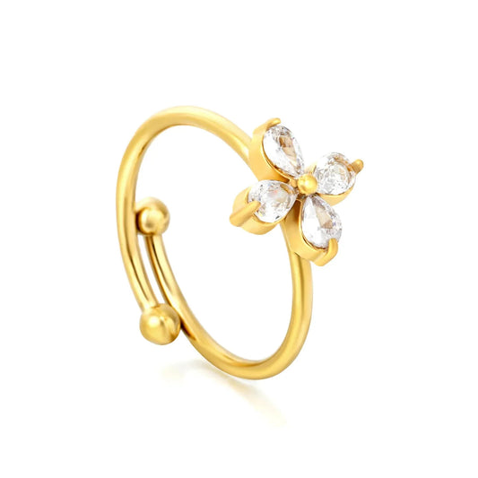 Bulk PVD Gold Sculpted Five-Petal Zircon Flower Open Ring