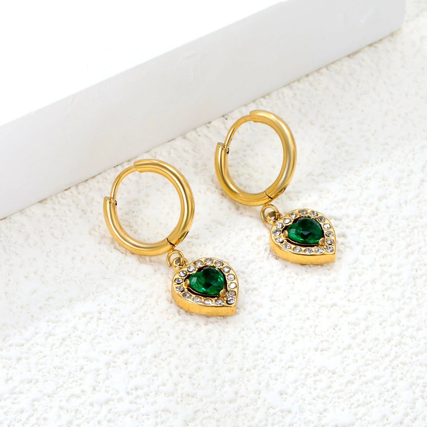 Bulk Stainless Steel Heart Earrings | Emerald Halo Zircon Hoops