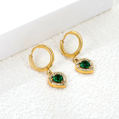 Bulk Stainless Steel Heart Earrings | Emerald Halo Zircon Hoops