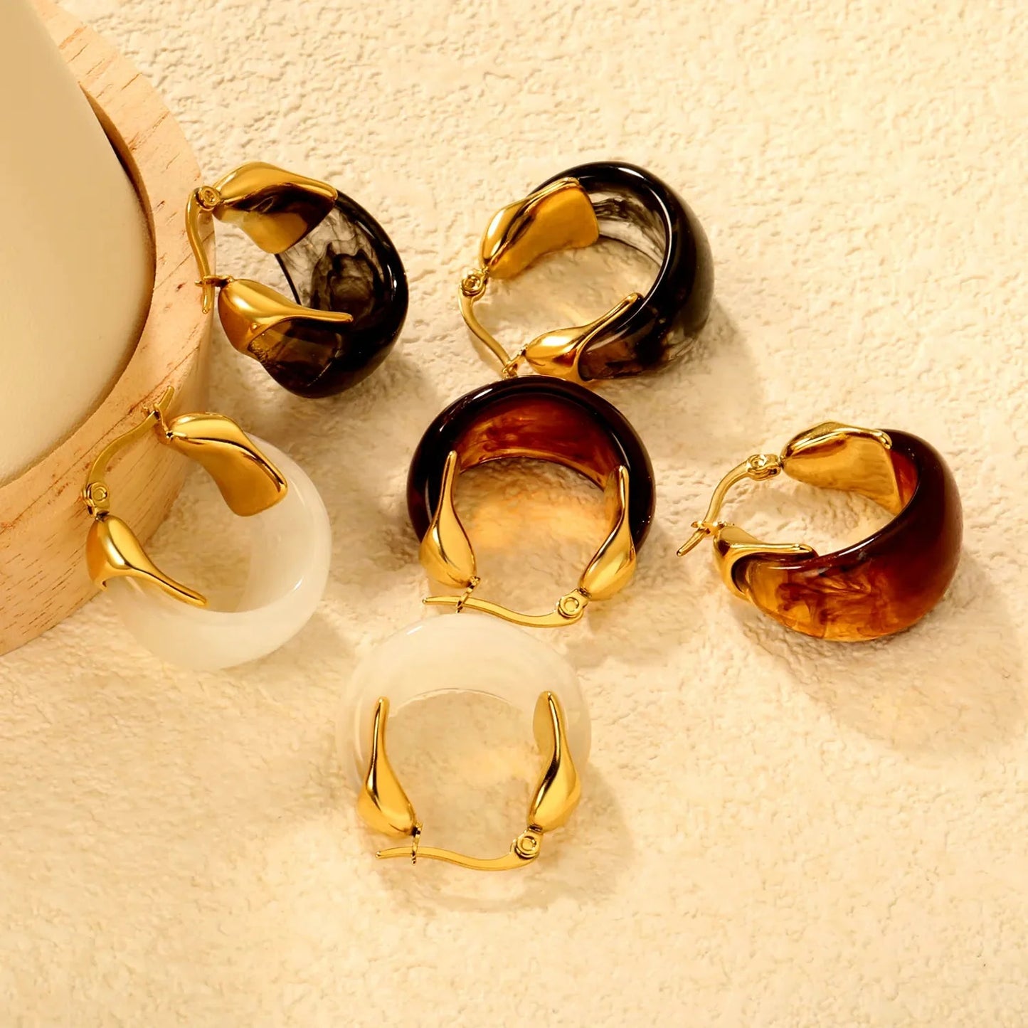 Aesthetic 304L Stainless Steel Wide Hoops | Marble Resin Gold Earrings