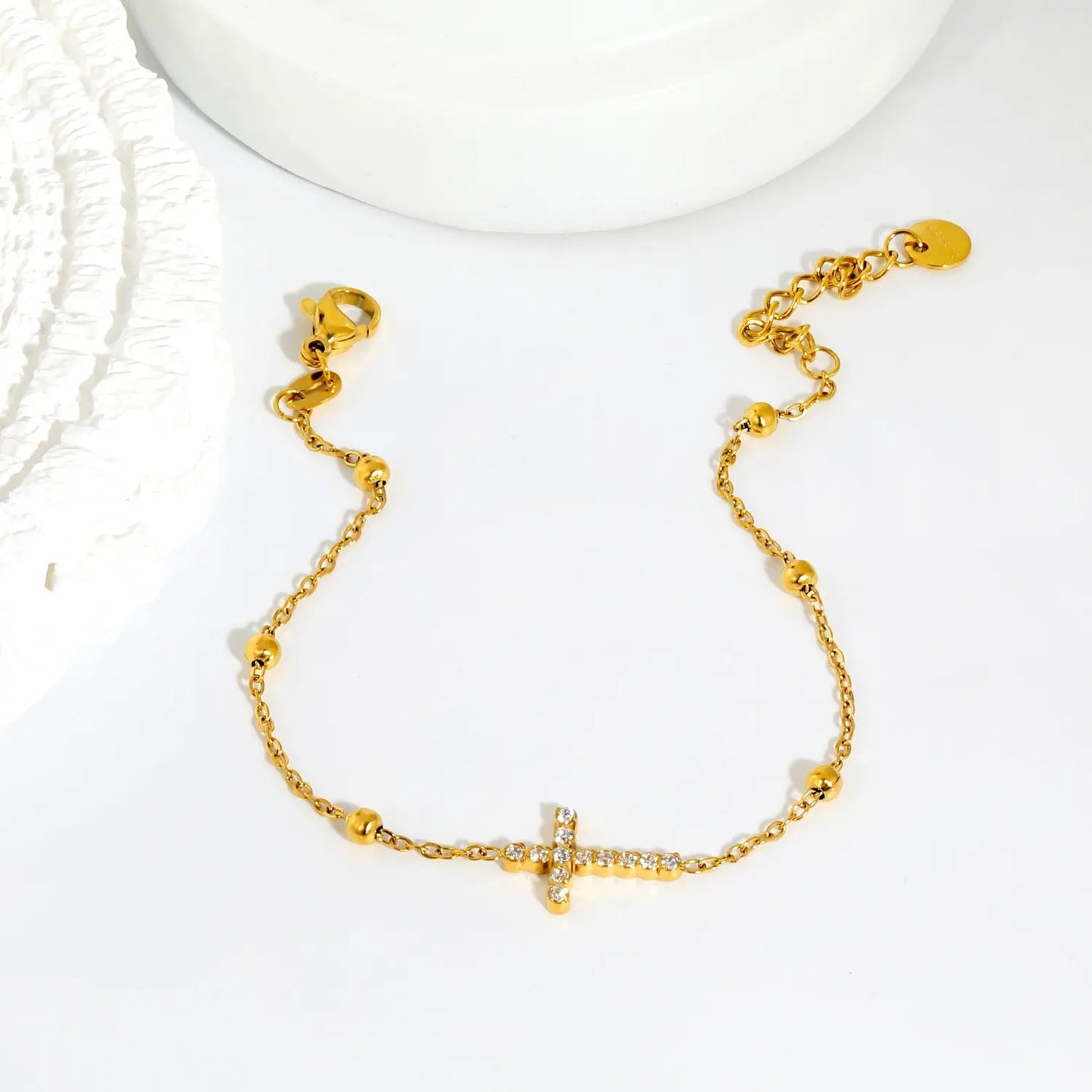 Gentle Faith: Mirror-Polished Gold Beads & Pave CZ Cross Bracelet
