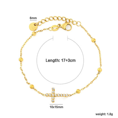 Gentle Faith: Mirror-Polished Gold Beads & Pave CZ Cross Bracelet