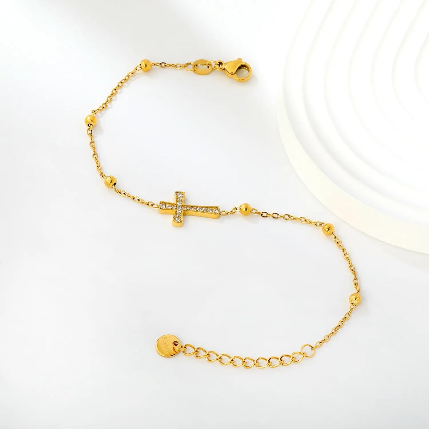 Waterproof 304L Steel Ultra-Light Beaded Chain Cross Bracelet