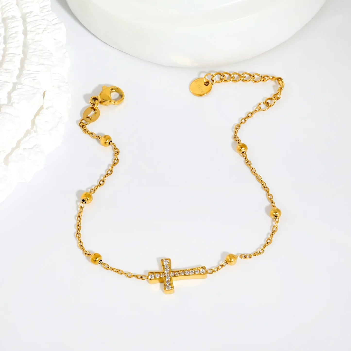 Waterproof 304L Steel Ultra-Light Beaded Chain Cross Bracelet