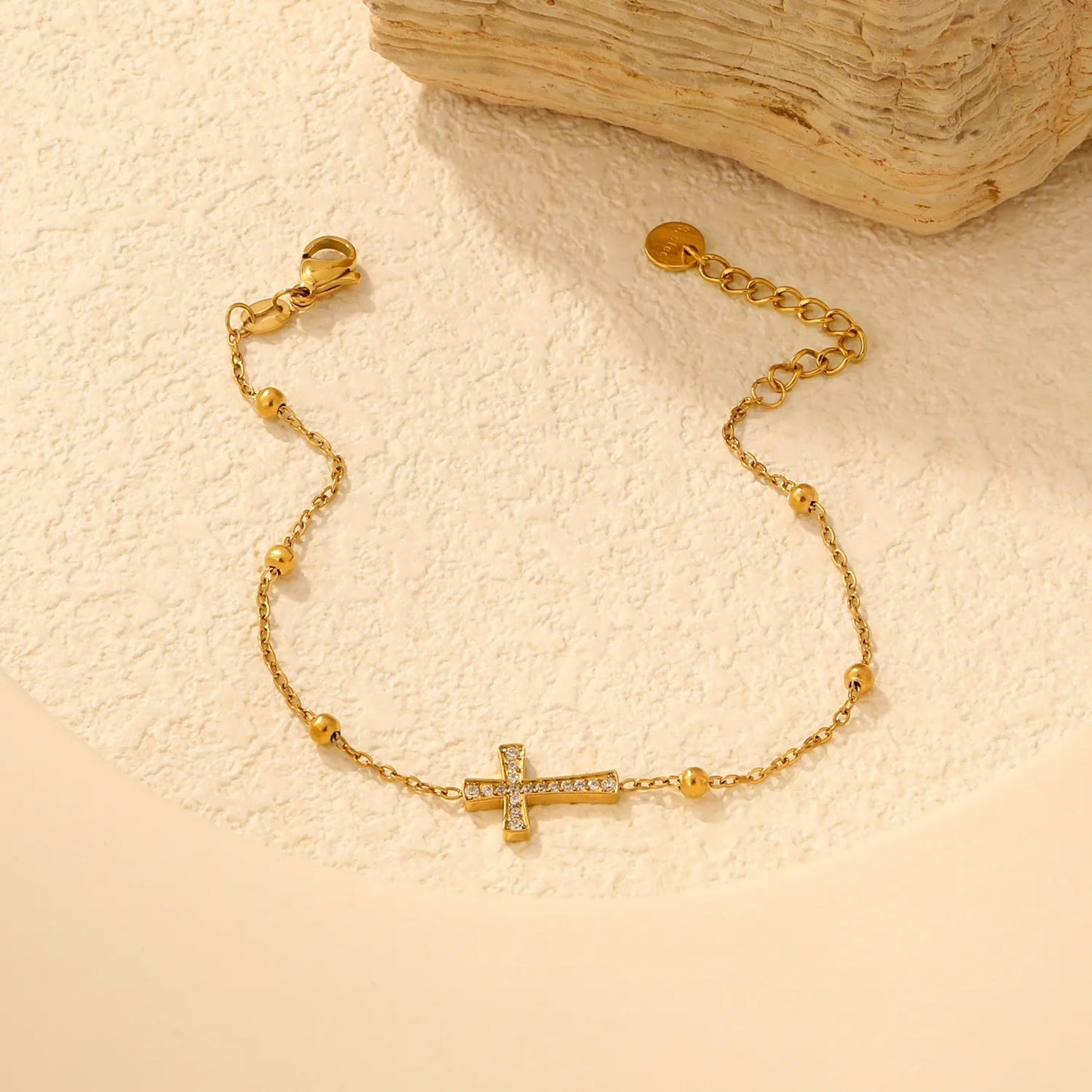 Waterproof 304L Steel Ultra-Light Beaded Chain Cross Bracelet
