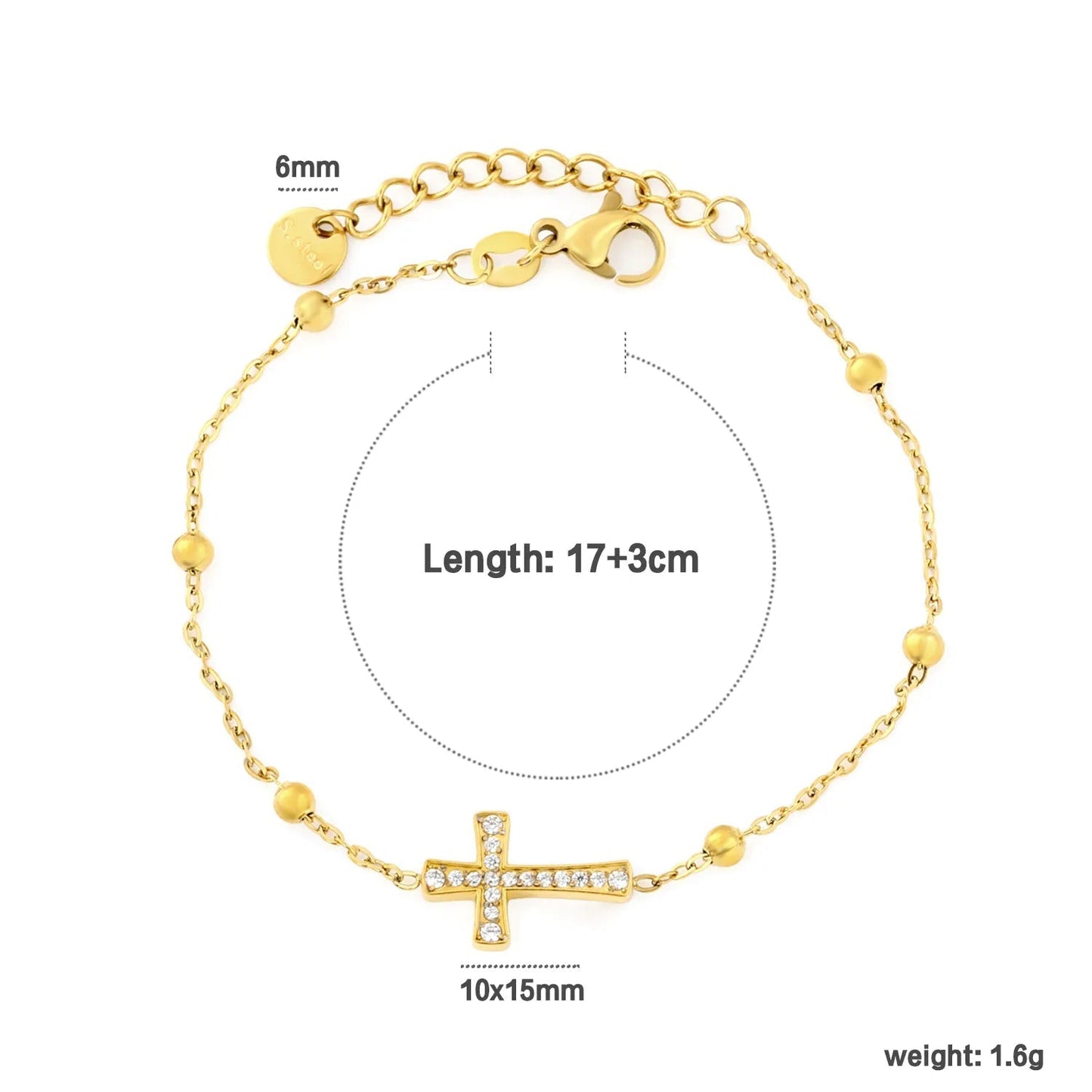 Waterproof 304L Steel Ultra-Light Beaded Chain Cross Bracelet