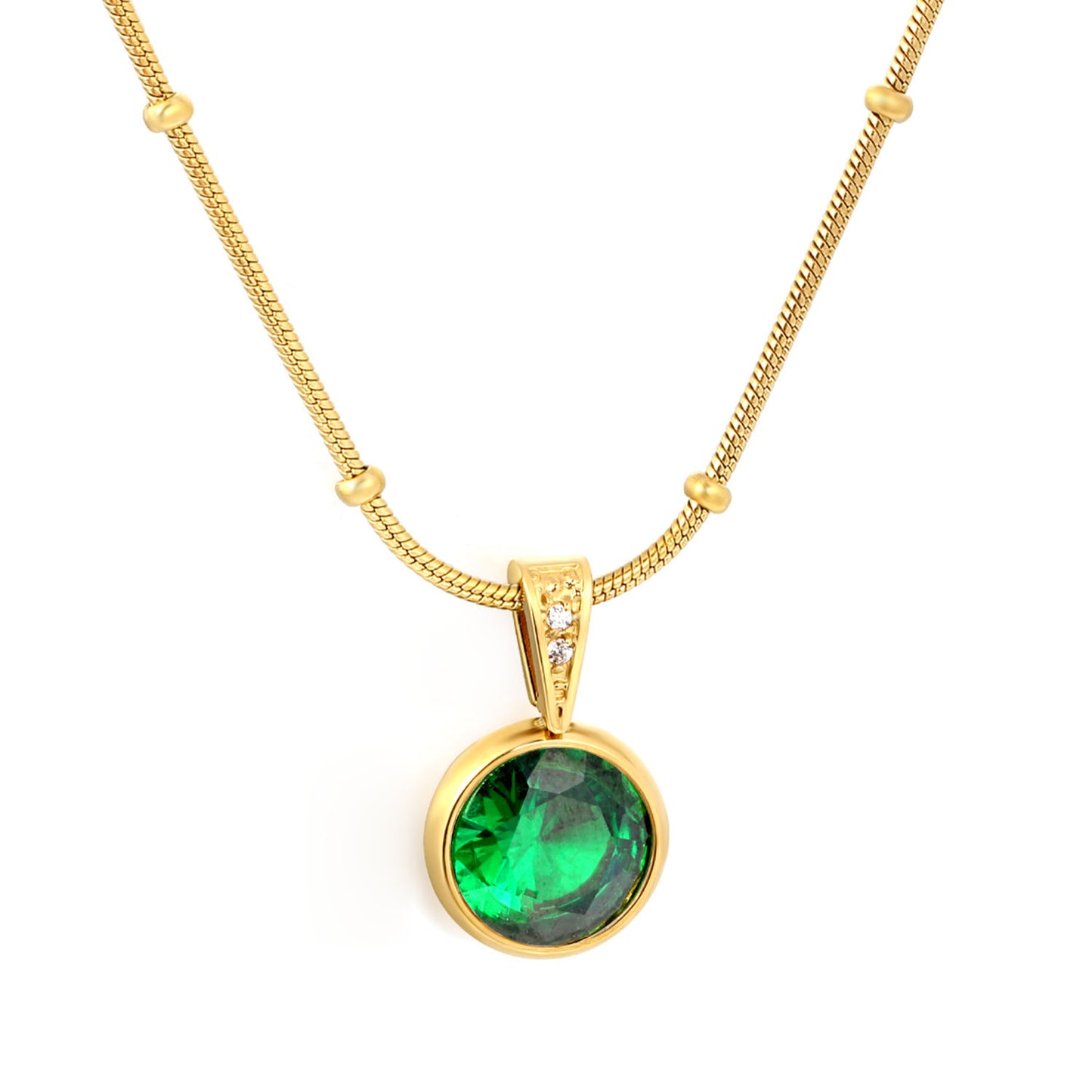 Dainty Beaded Chain Solitaire CZ Pendant Necklace in 304L Stainless Steel