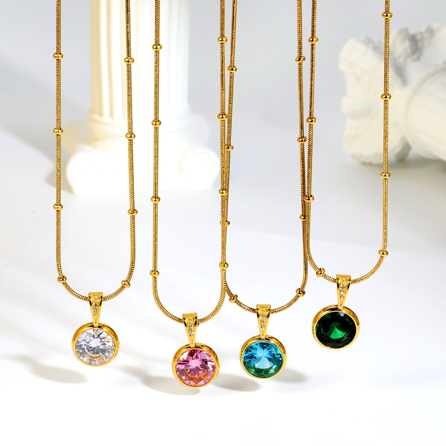 Dainty Beaded Chain Solitaire CZ Pendant Necklace in 304L Stainless Steel