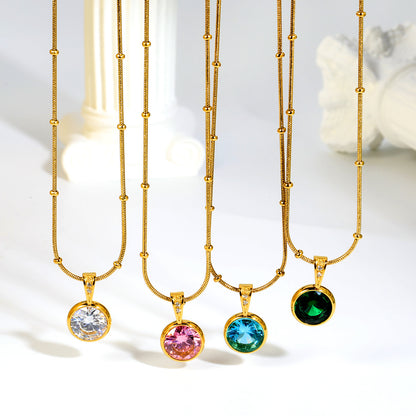 Dainty Beaded Chain Solitaire CZ Pendant Necklace in 304L Stainless Steel