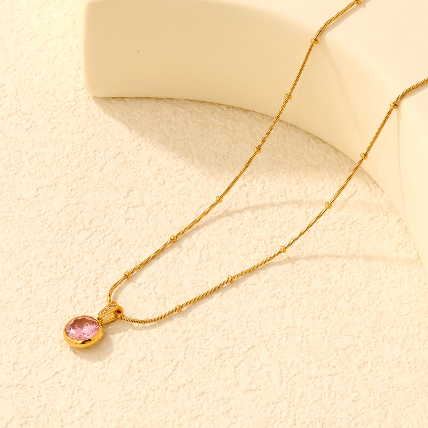 Dainty Beaded Chain Solitaire CZ Pendant Necklace in 304L Stainless Steel