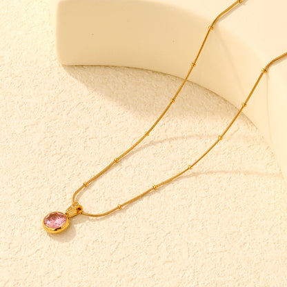 Dainty Beaded Chain Solitaire CZ Pendant Necklace in 304L Stainless Steel